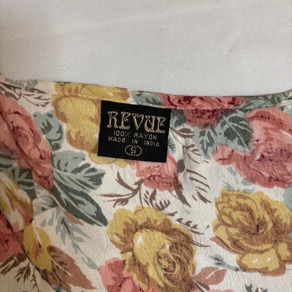 Pink, Green, Cream Rayon Floral Button Down Pleated Dress Revue Small VTG 90s - Picture 7 of 8